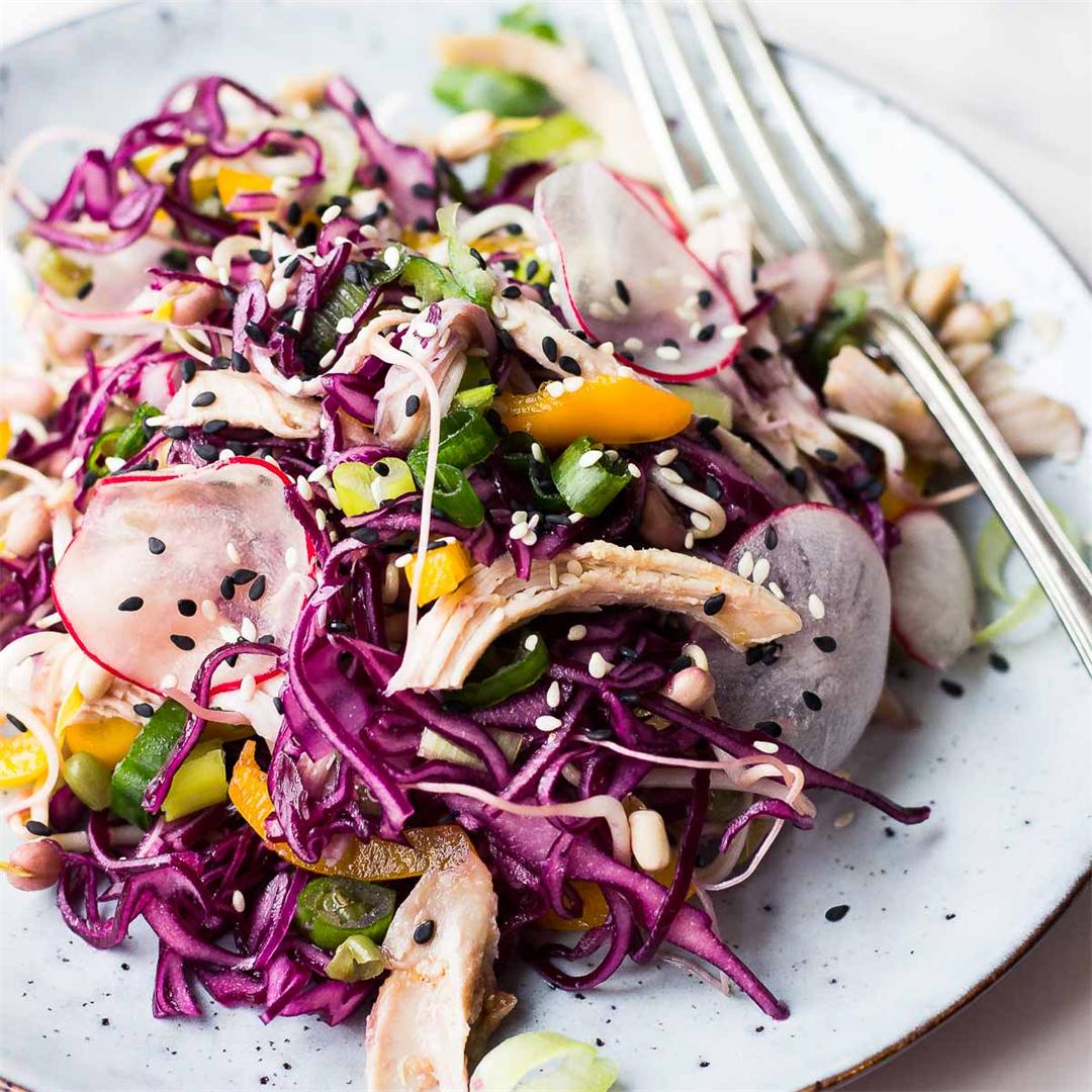 Shredded Chicken & Red Cabbage Salad with Ginger & Soy Dressing