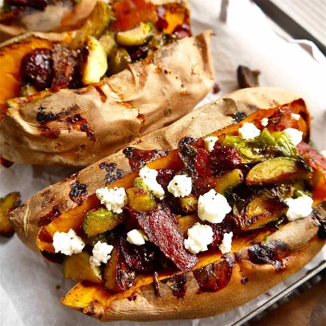 Primal Stuffed Sweet Potatoes With Maple Bacon Brussels Sprouts