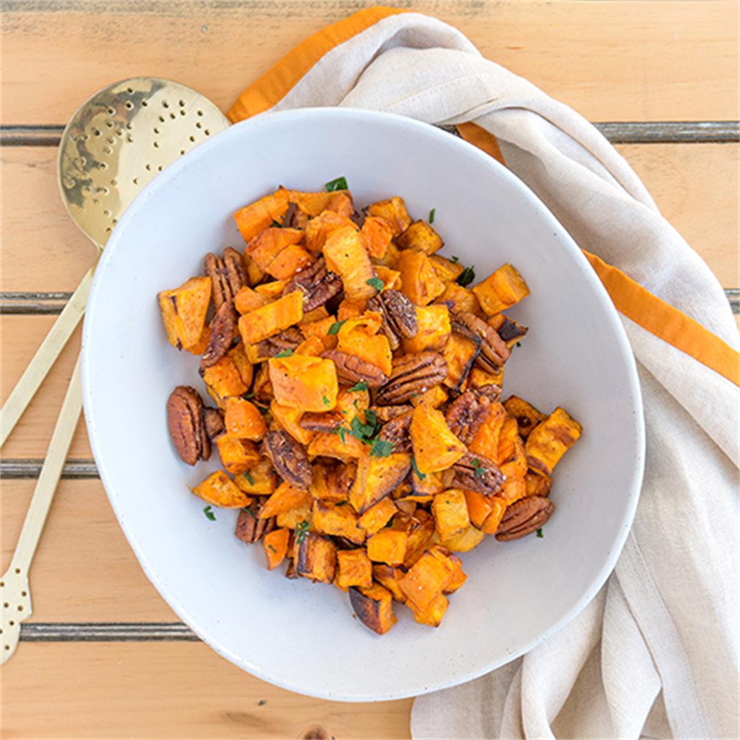 Roasted Sweet Potatoes with Apple Brandied Coconut Pecans