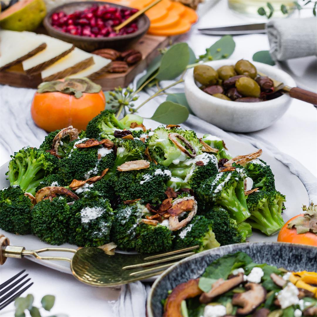 Vegan friendly broccoli salad with crispy shallots