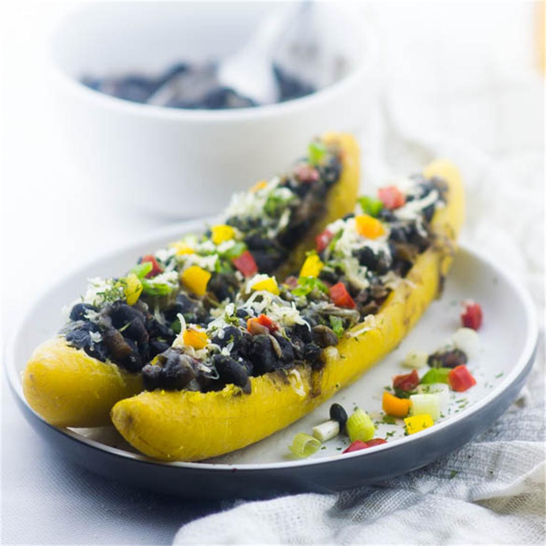 Canoas - vegan style sweet plantain canoes filled with beans