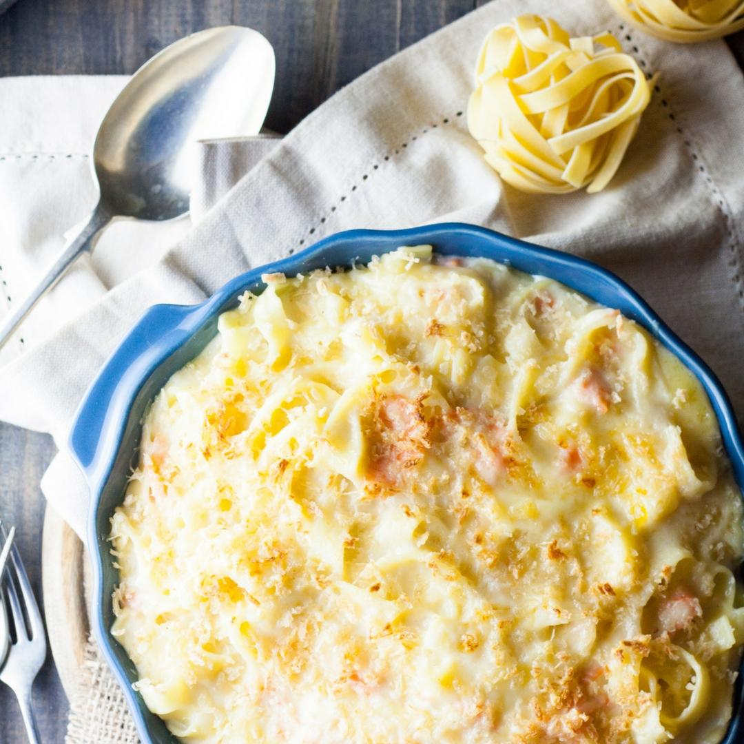 Baked Tagliatelle with Smoked Salmon and Gruyere