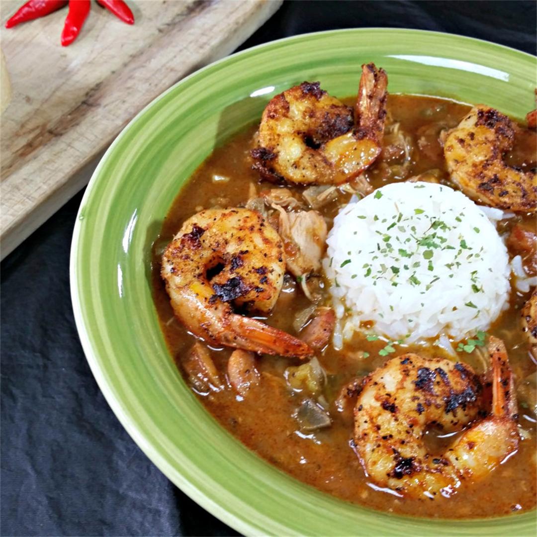 Chicken and Sausage Gumbo with Blackened Shrimp