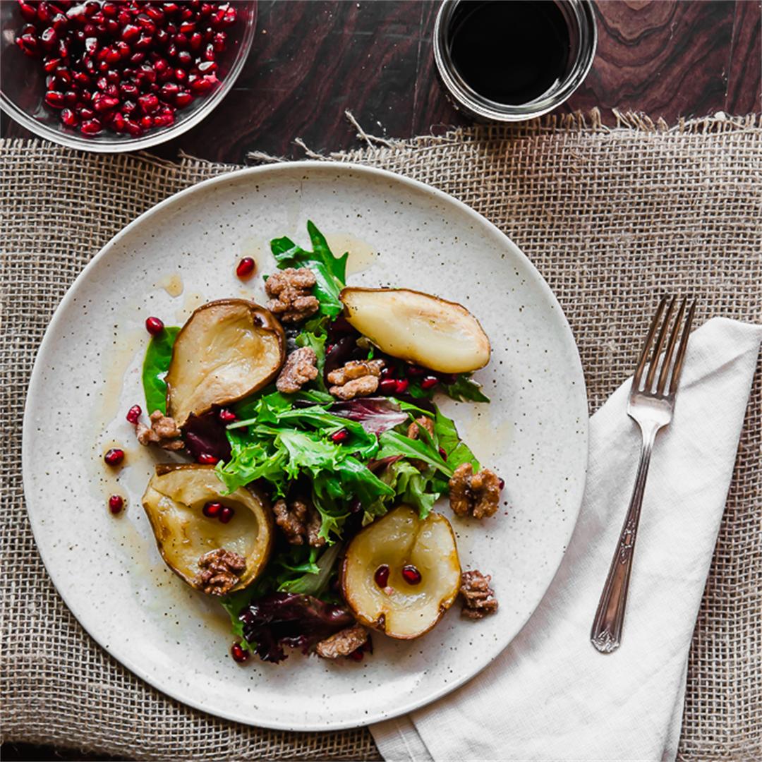 Autumn Roasted Pear Salad With Candied Walnuts & Pomegranate