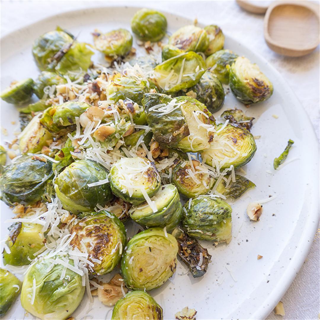 Cacio e Pepe Brussels Sprouts with Hazelnuts + Ricotta