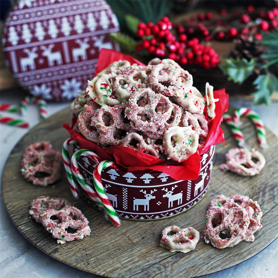 4-Ingredient Candy Cane Chocolate-Covered Pretzels