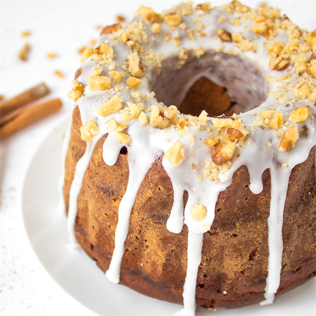 Glazed Gingerbread Bundt Cake with Nut Topping