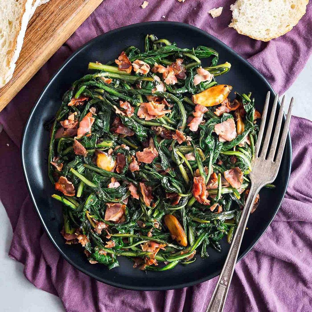 Spicy Dandelion Greens with Garlic and Capicola