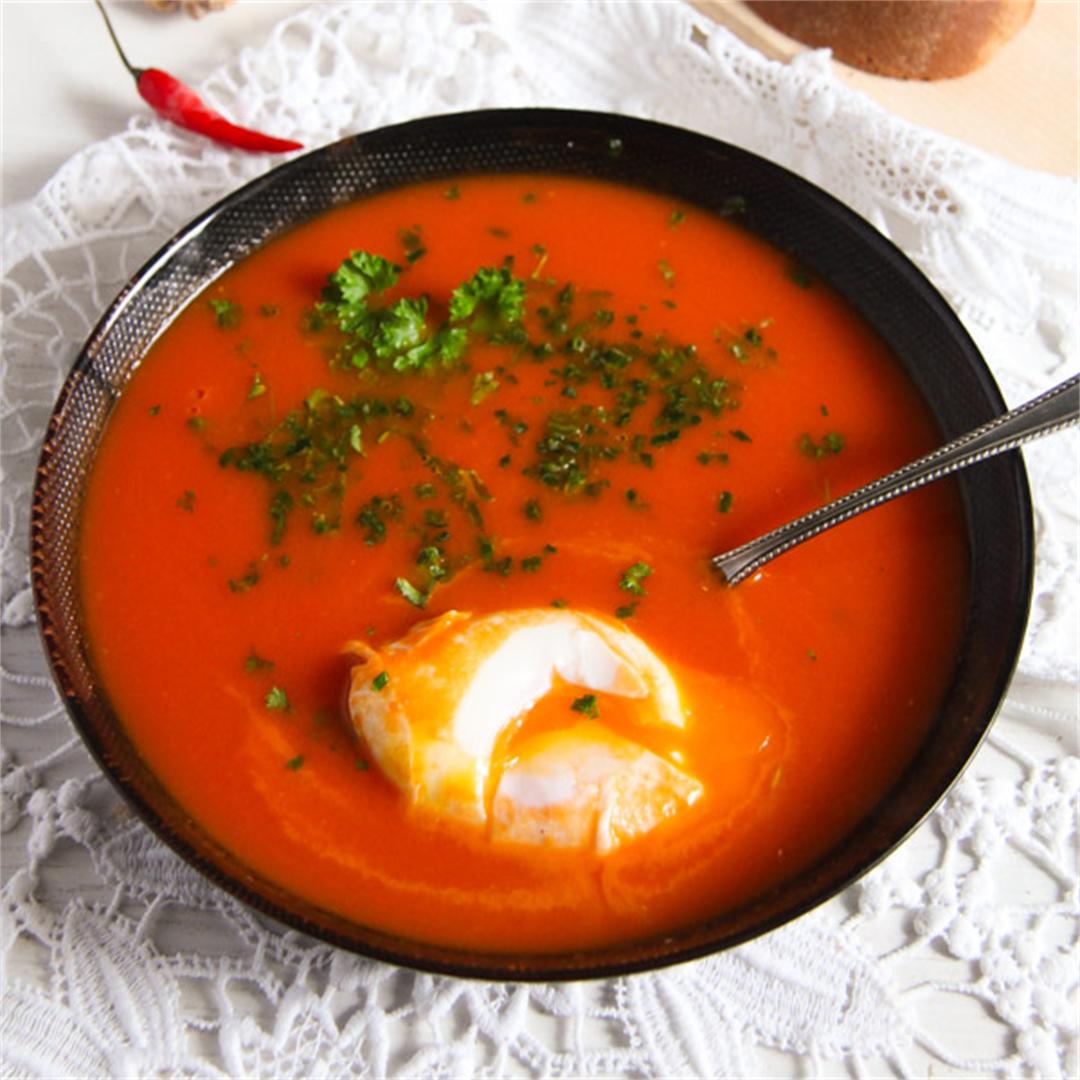 Spicy Tomato Ginger Soup with Poached Eggs