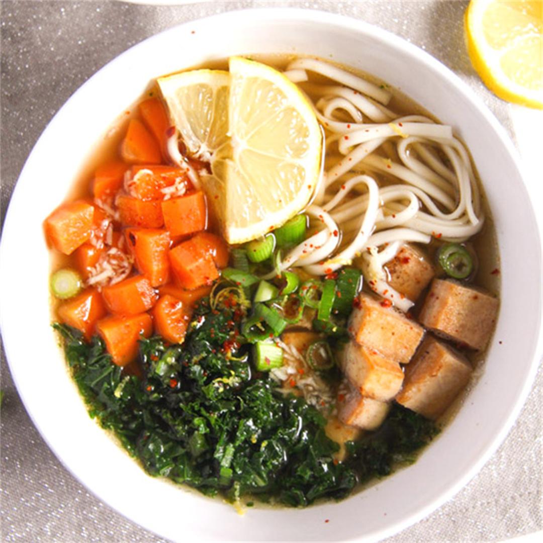 Soba Noodles Tofu Soup with Limes, Carrots and Kale