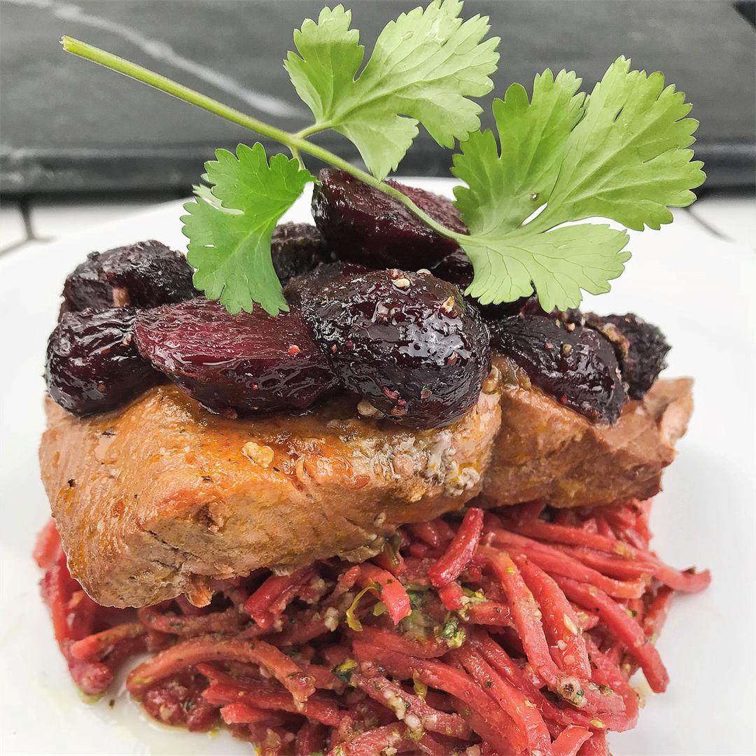 Herb Roasted Salmon + Beets with Pesto Sweet Potato Noodles