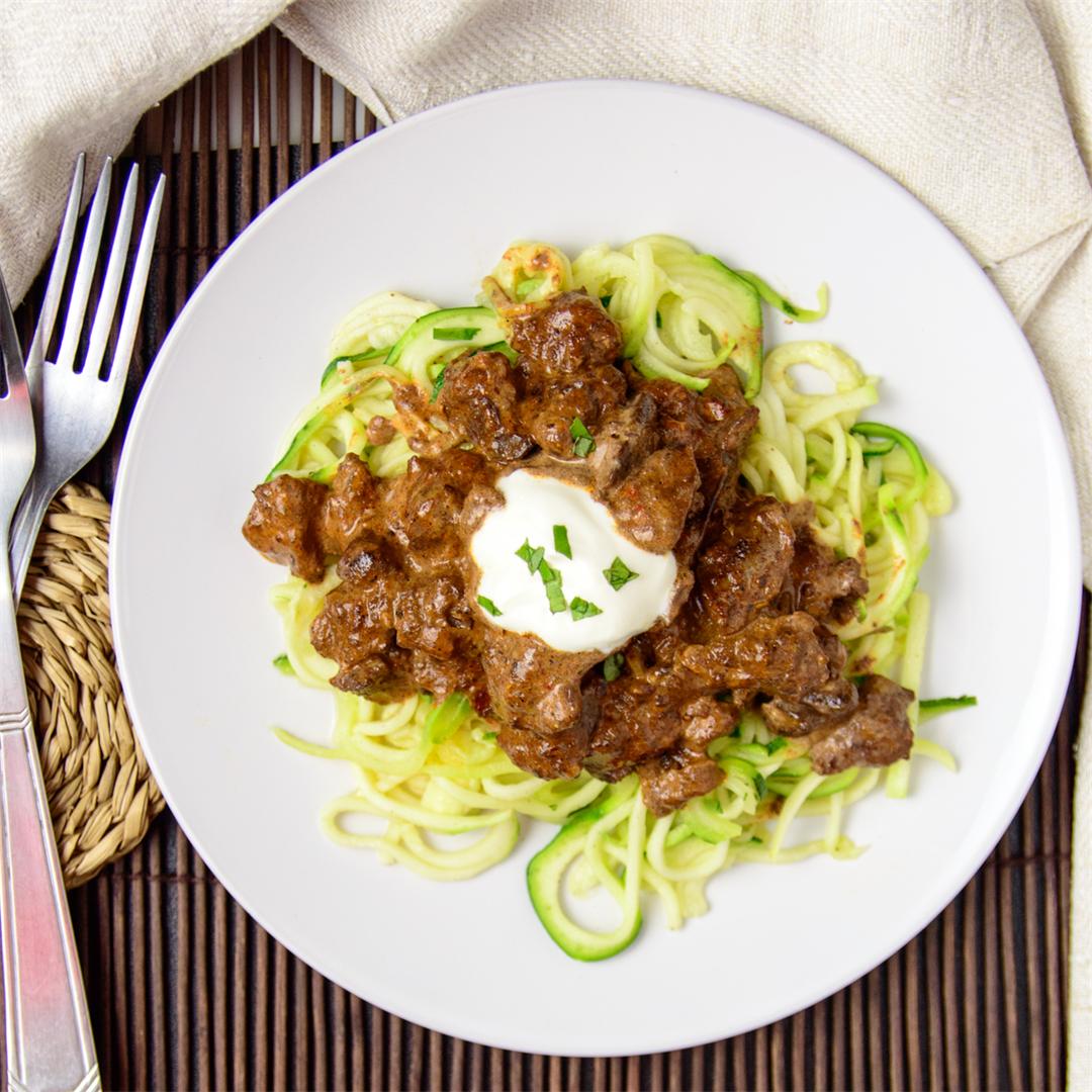 Creamy, crumbly chicken liver with onions & zoodles keto, LC,GF
