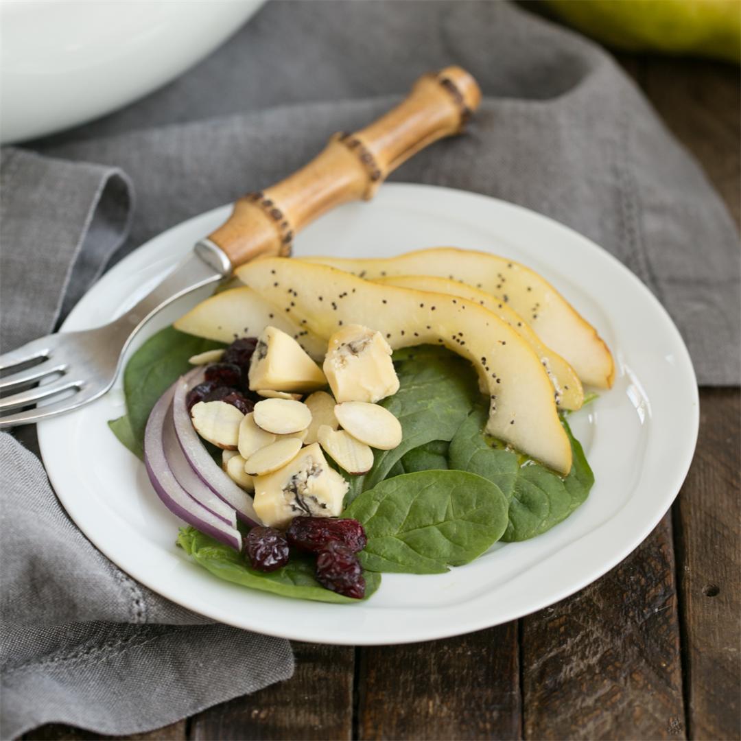 Spinach Pear Salad with Cranberries and Blue Cheese
