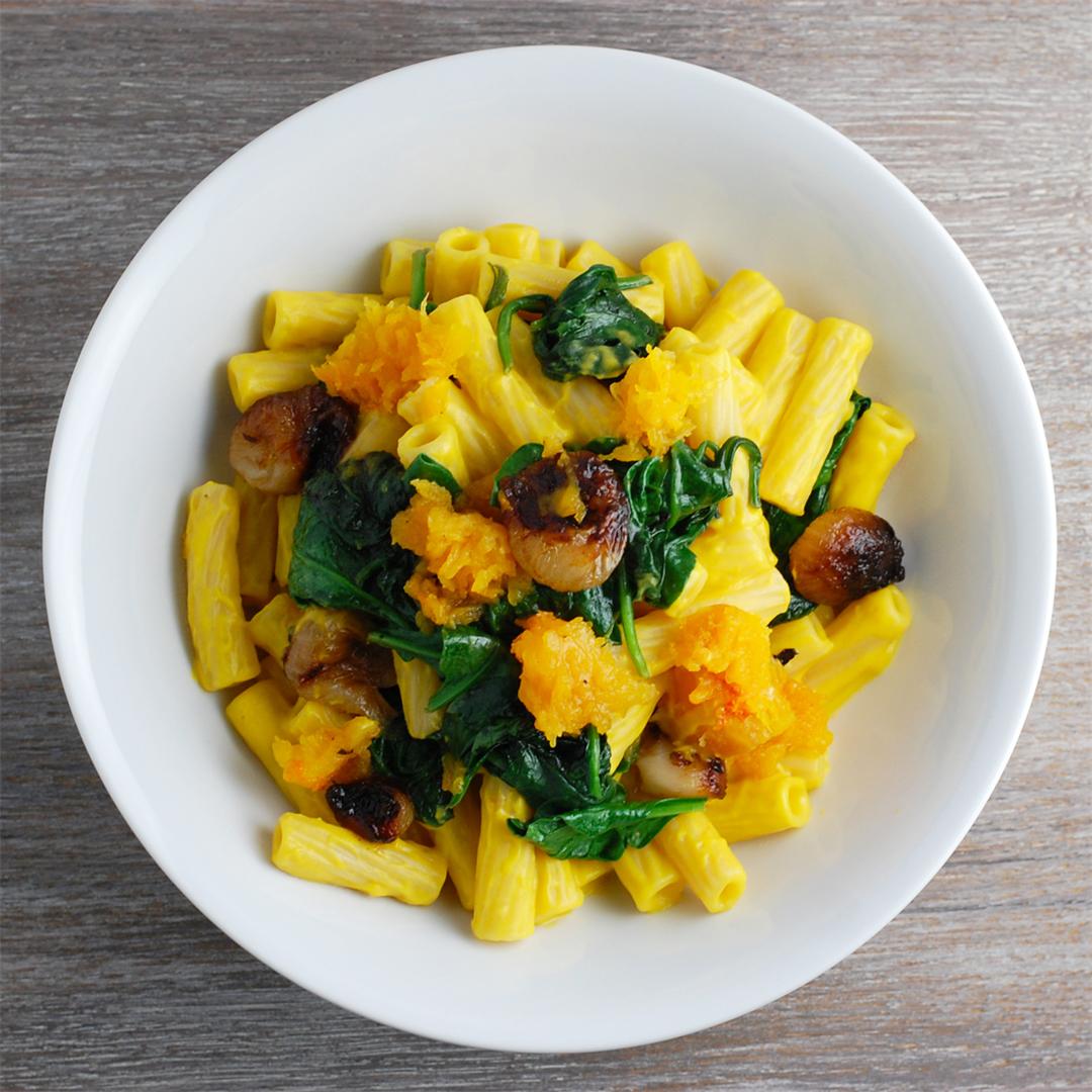 Butternut cream sauce with pasta, spinach, cipollini onions, an