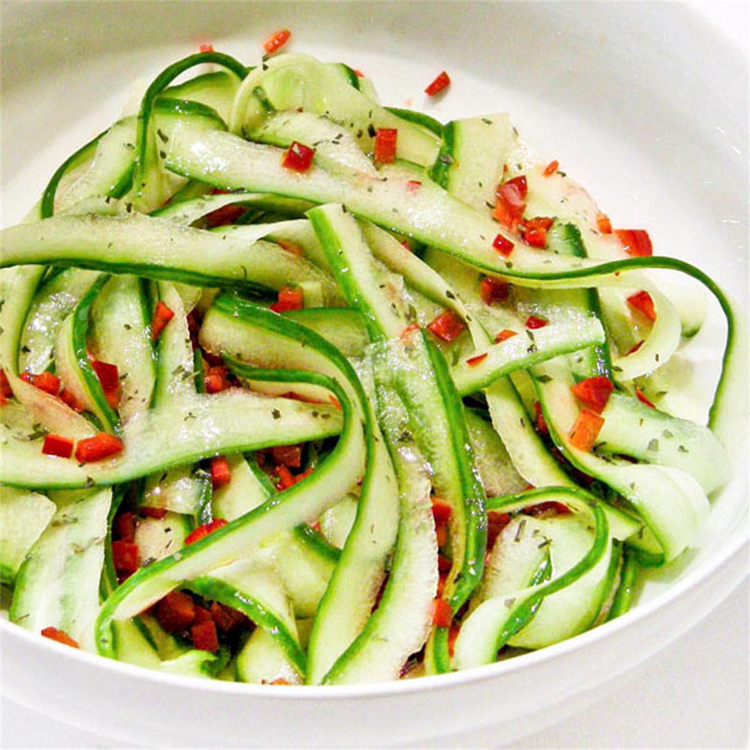 Cucumber ribbon salad with sweet red peppers and tarragon