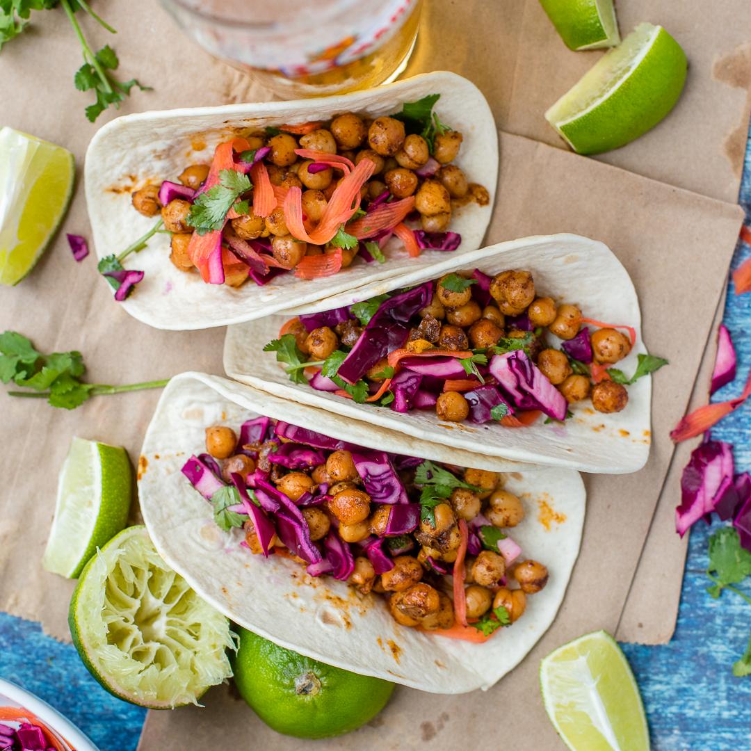 Crispy Chickpea Tacos with Sunset Slaw