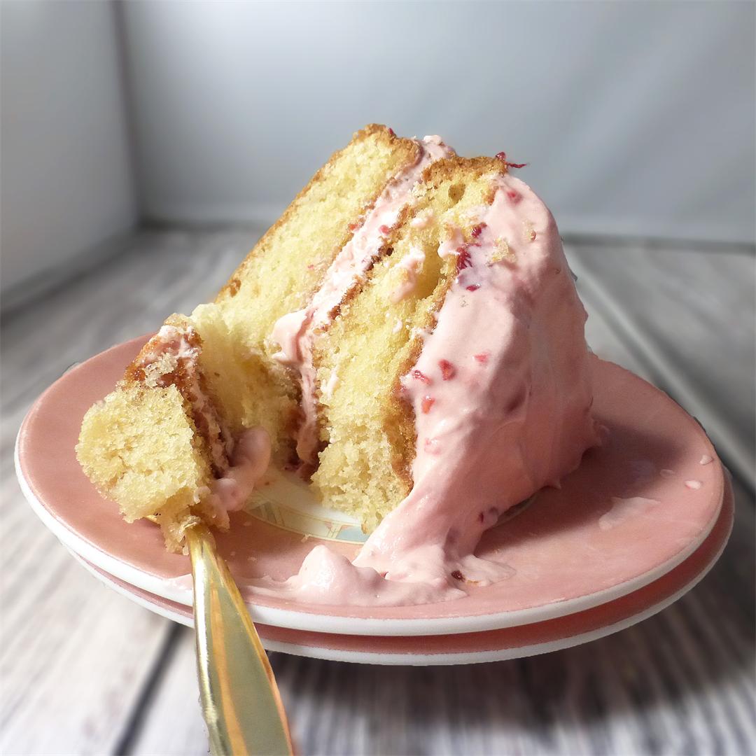 Vanilla Olive Oil Cake with Cherry & Raspberry Frosting