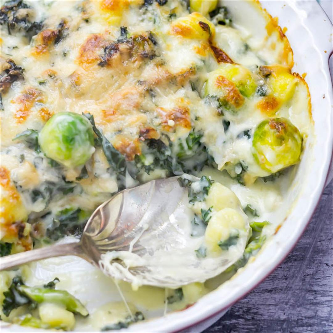Cheesy Baked Gnocchi with Kale and Brussel Sprouts