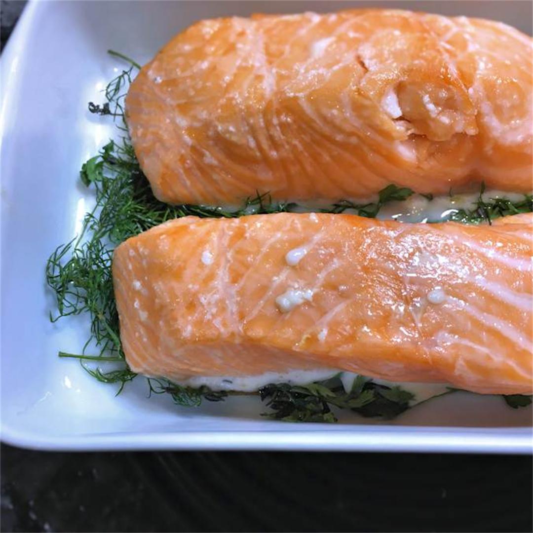 Slow roasted salmon with dill sauce