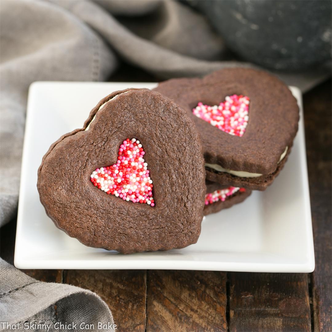 Chocolate Heart Sandwich Cookies with White Ganache Filling