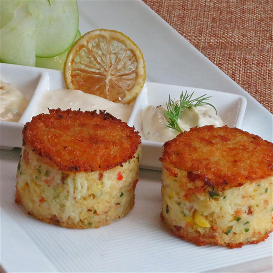 Dungeness Crab Cake Towers with Roasted Corn