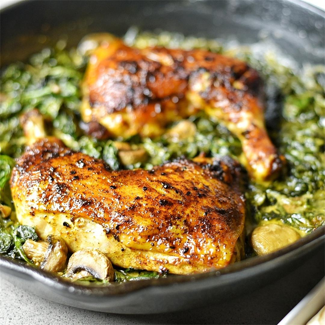 Roasted Cast Iron Chicken With Spinach Saute