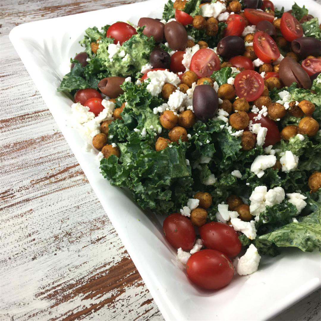 Kale Salad with Roasted Chickpeas and Green Harissa Dressing