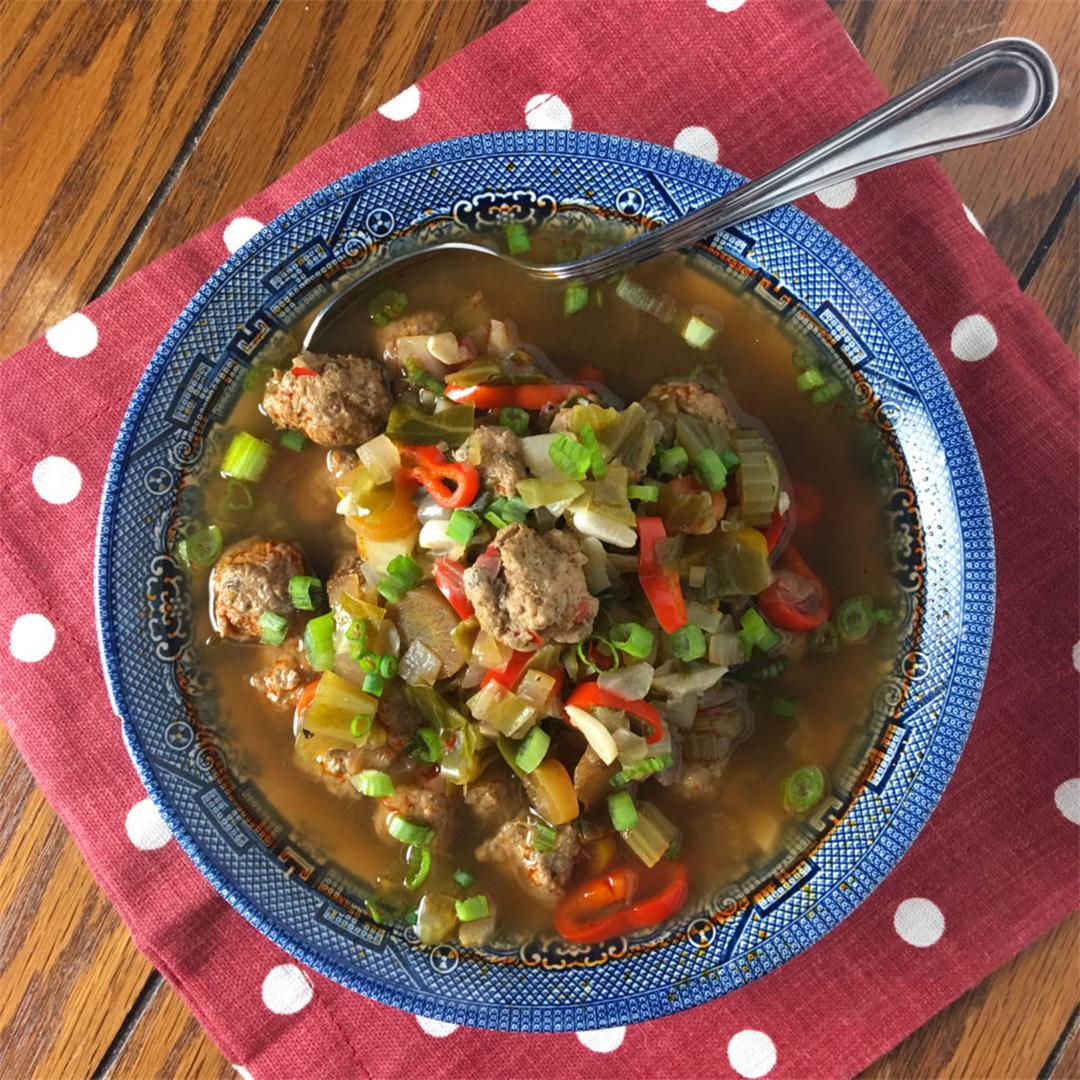 Vegetable Soup with Spicy Harissa Turkey Meatballs