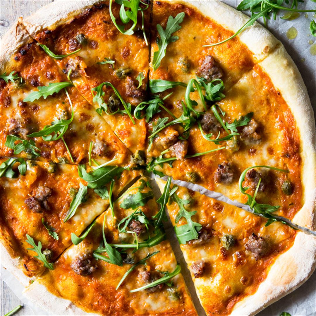 Pizza with Sausage and Roasted Red Pepper Sauce