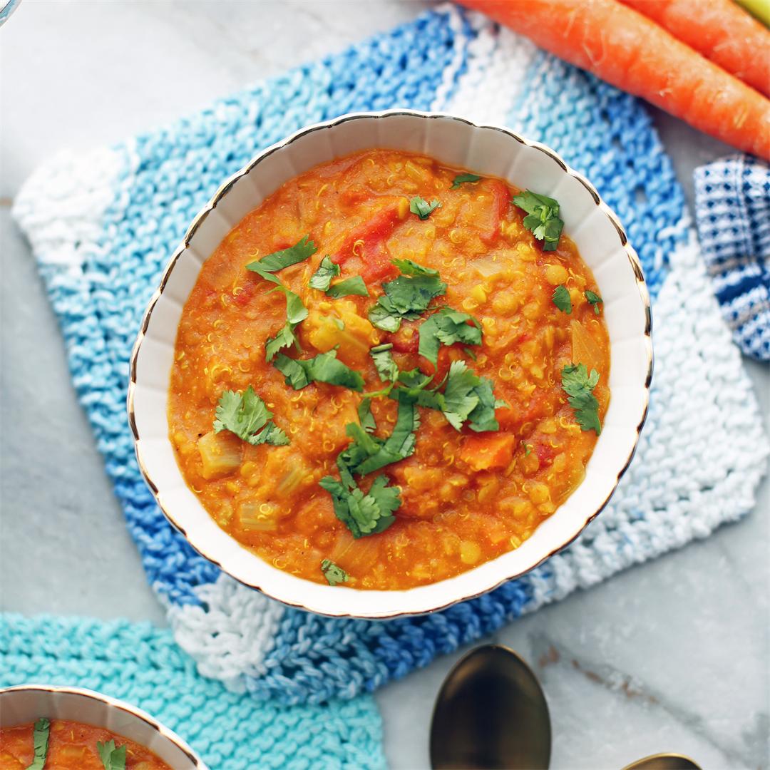 Curried Red Lentil and Quinoa Vegetable Soup