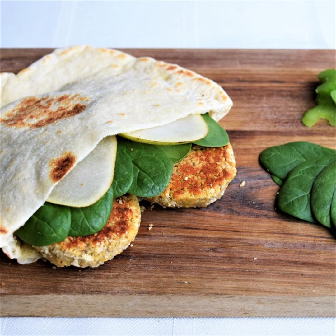 Pita bread pockets with falafels baked in nut crust