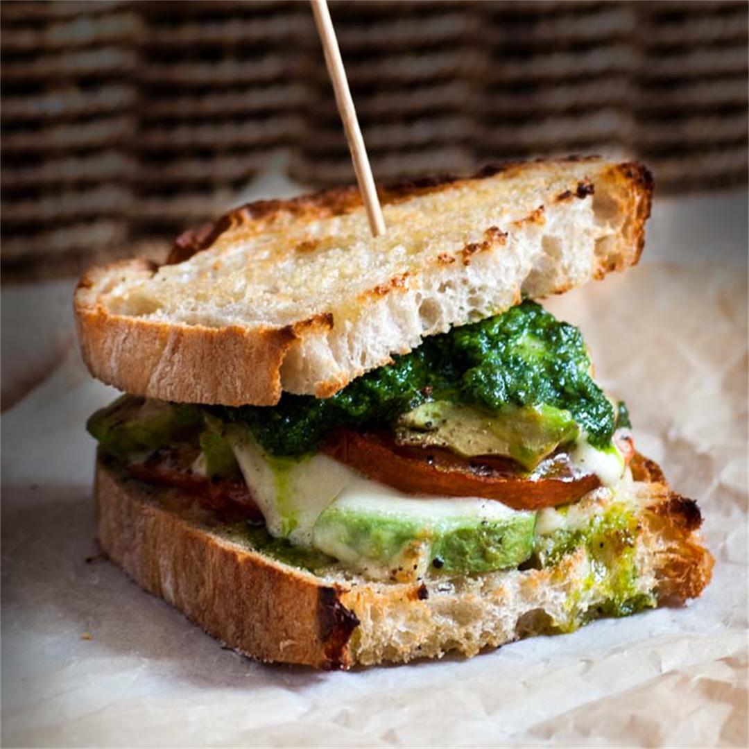 Avocado with kale pesto grilled cheese sandwich