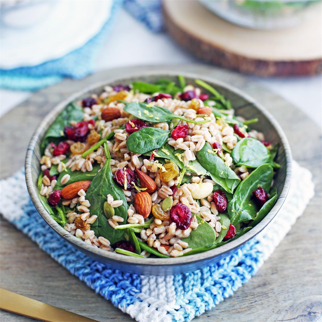 Farro and Spinach Salad with Dried Fruit and Nuts