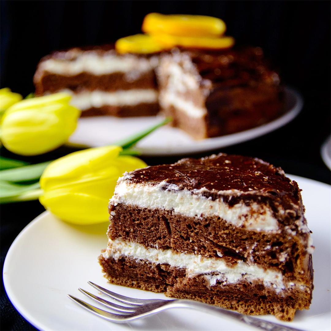 Hungarian chocolate cake filled with creamy cottage cheese