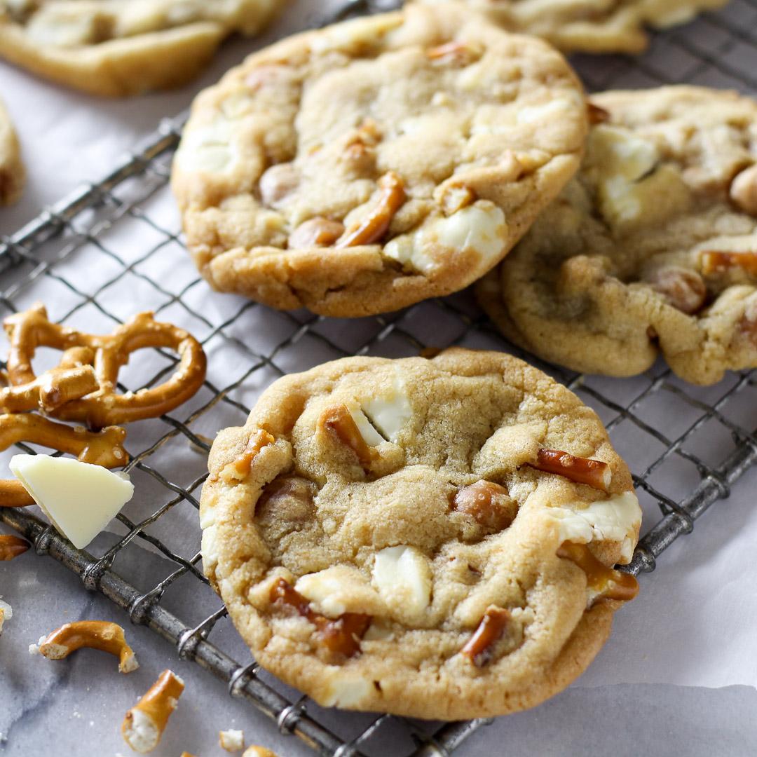 Sweet & Salty White Chocolate Pretzel Cookies with Caramel Bits