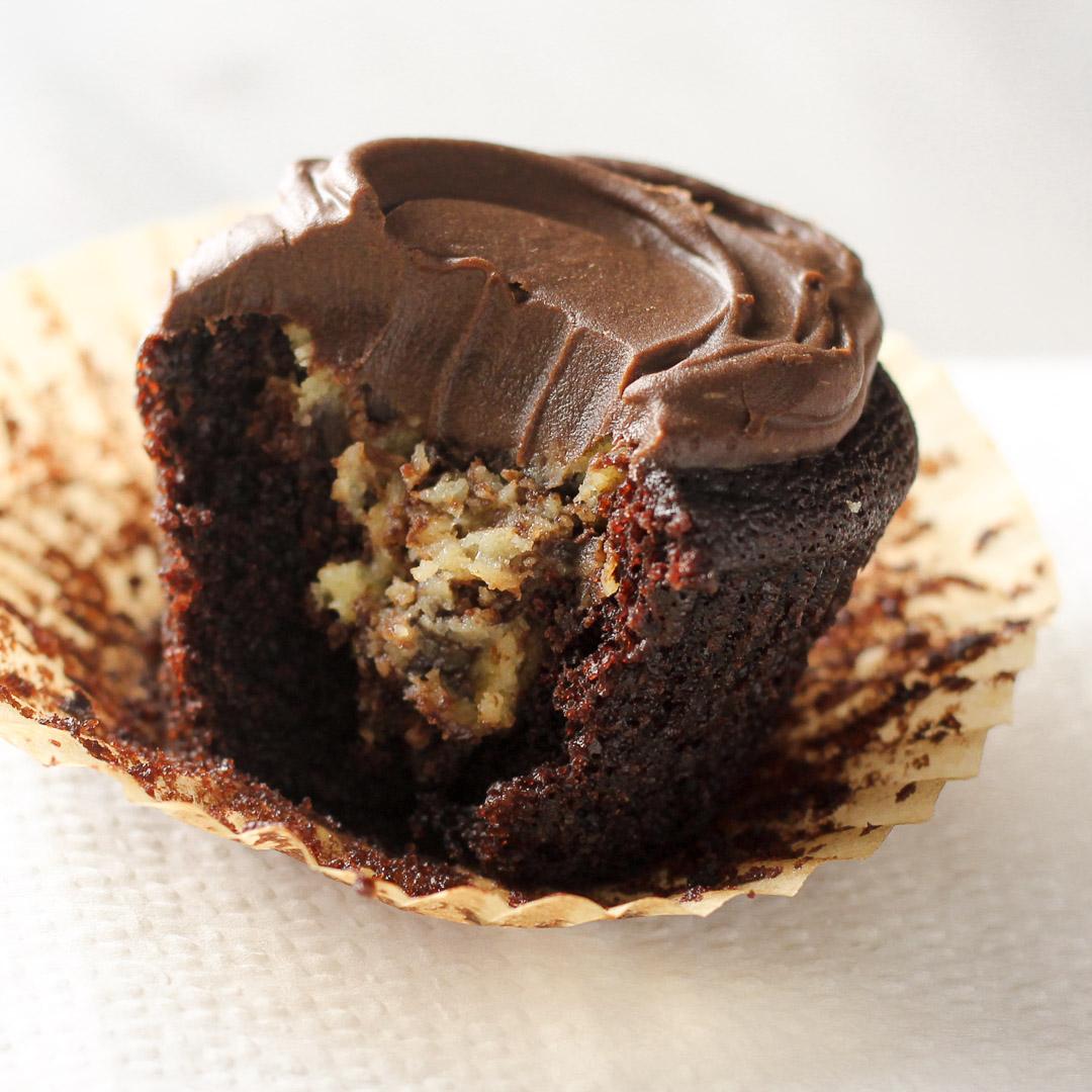 Cheesecake-filled Black Bottom Cupcakes with Ganache