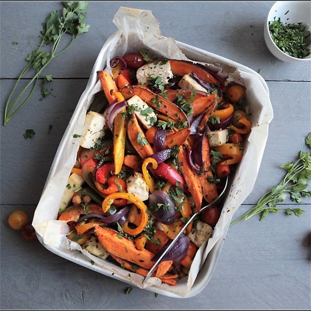 Oven baked vegetables with sweet potatoes and tofu