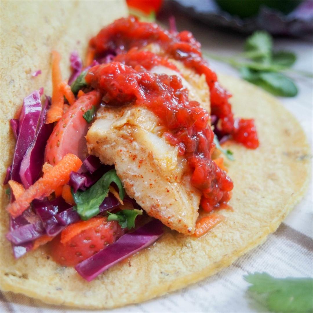 Cod tacos with pickled strawberry slaw