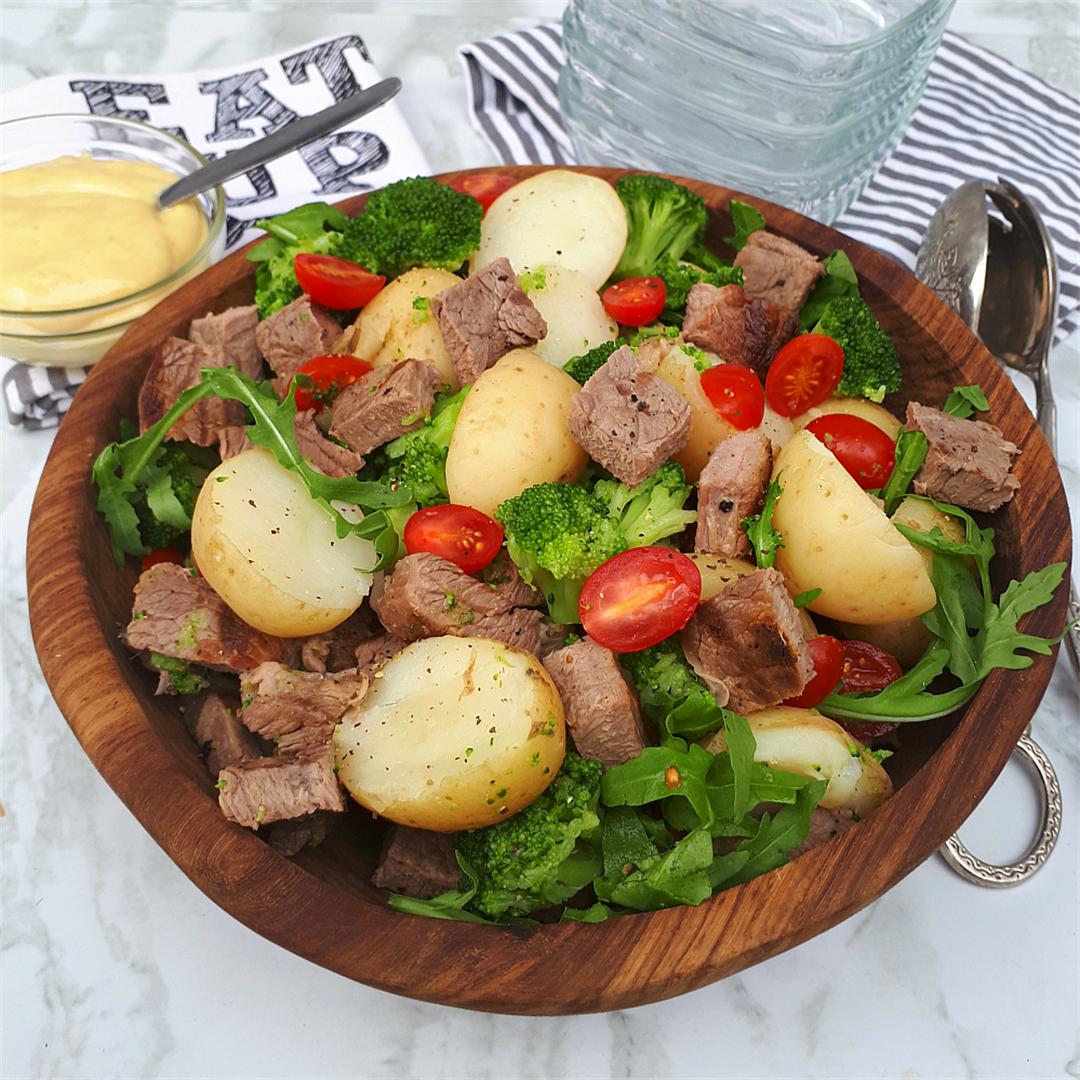 Steak Potato and Broccoli Salad with a Honey Mustard Dressing