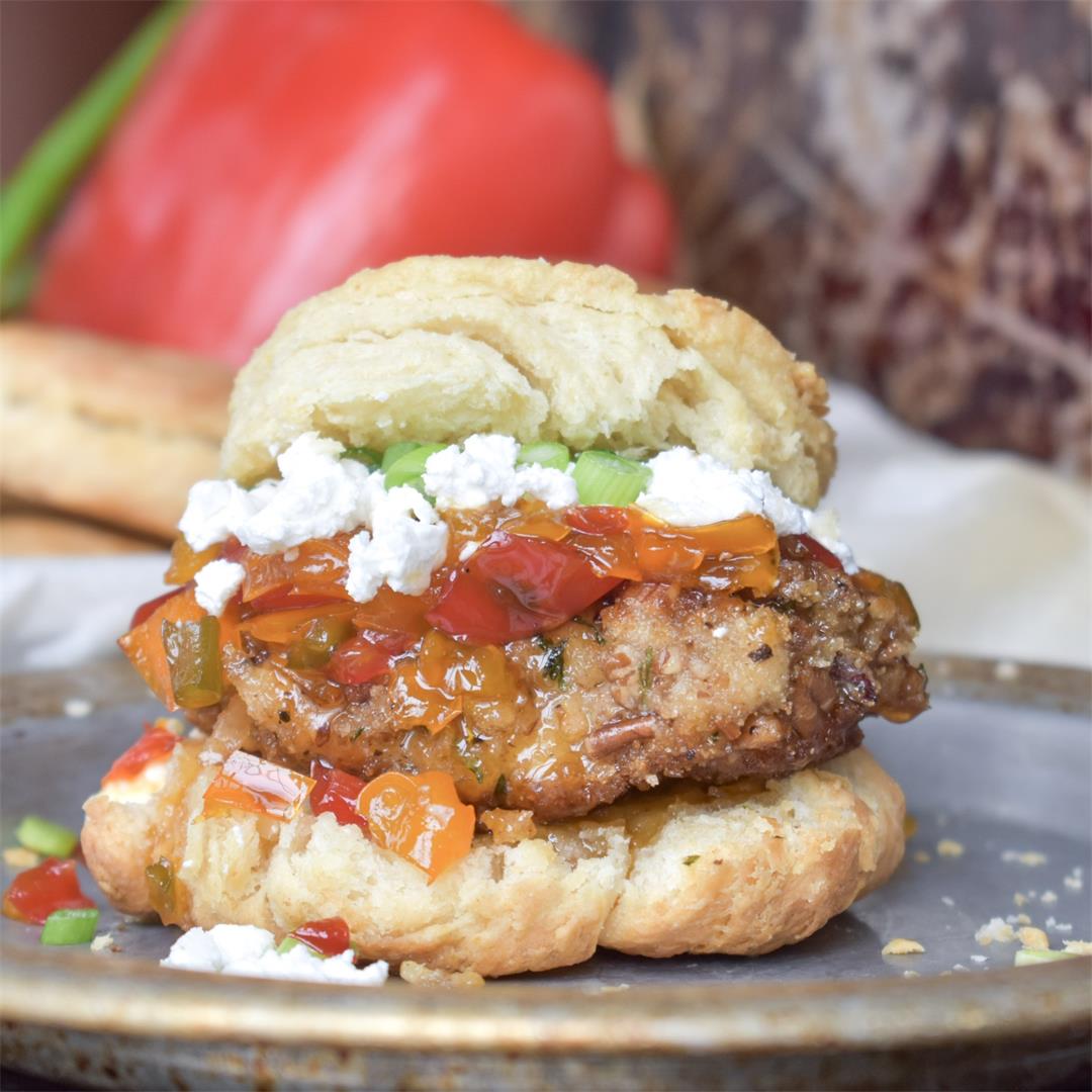 Southern chicken biscuits with pepper jelly and goat cheese