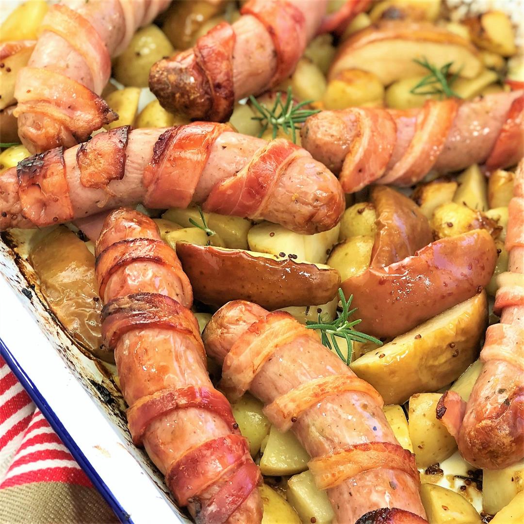 Bacon Wrapped Sausages with Apples & Potatoes