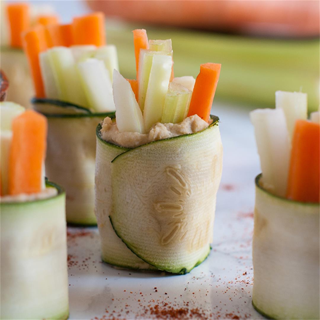 Zucchini roll ups with hummus and veggies