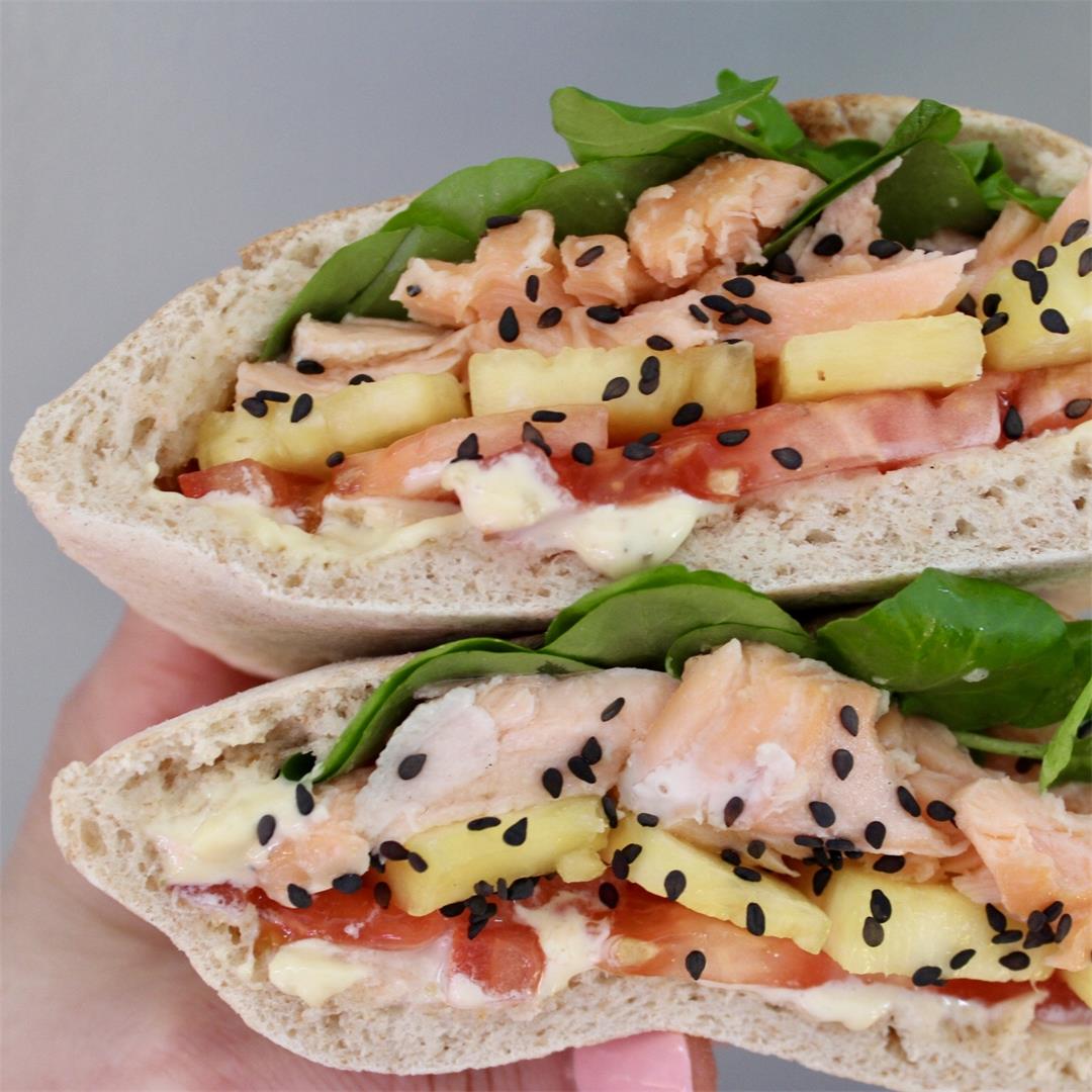 Miso Salmon sandwich with pineapple and yuzu mayonnaise. So man