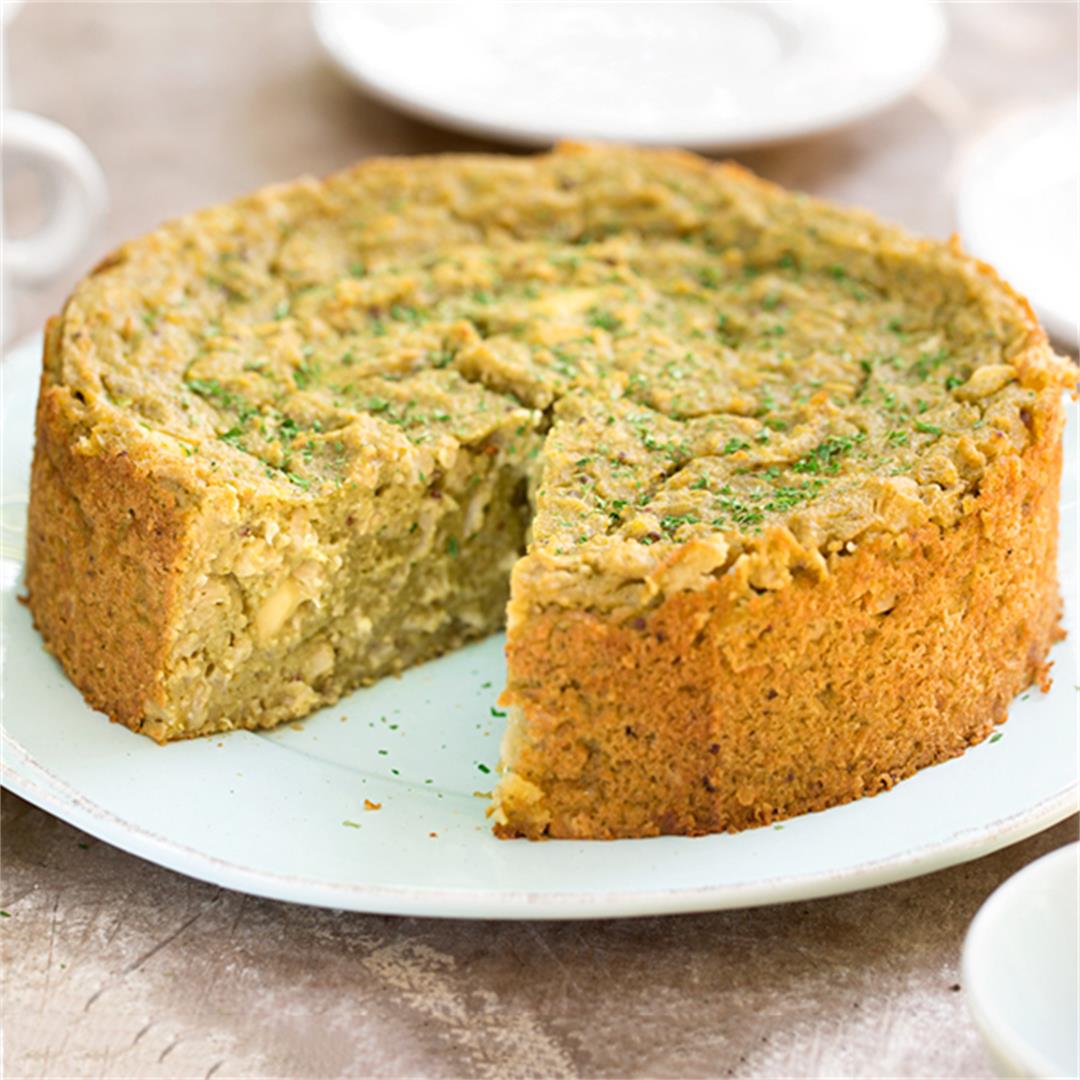 Eggless Green Cauliflower Cake is a healthy, savory entree!