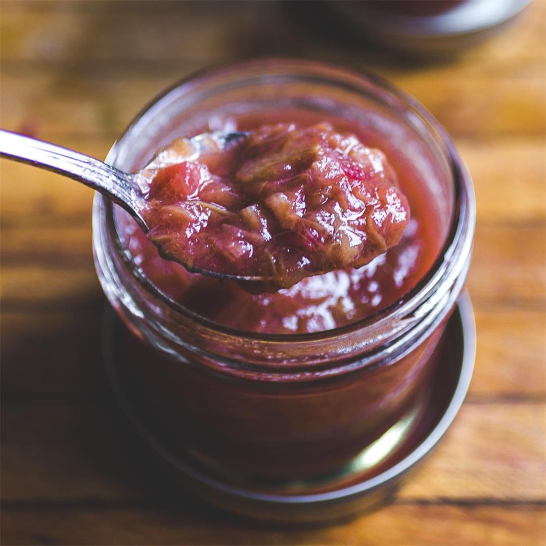 a quick and flavorful rhubarb jam made with half the sugar