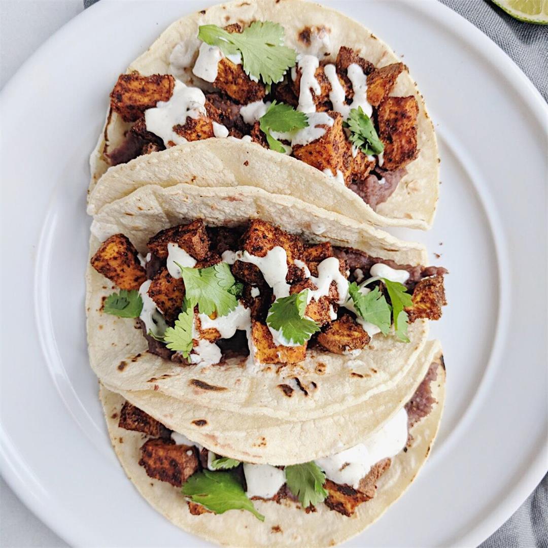 Refried Sweet Potato Tacos with Lime Crema