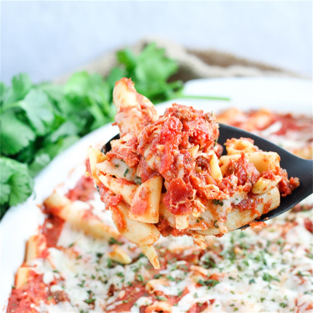 Baked Ziti with a sweet and savory sauce. Will feed a crowd!