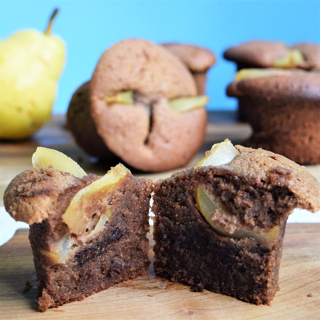 Chocolate Frangipane Muffins with Poached Pear