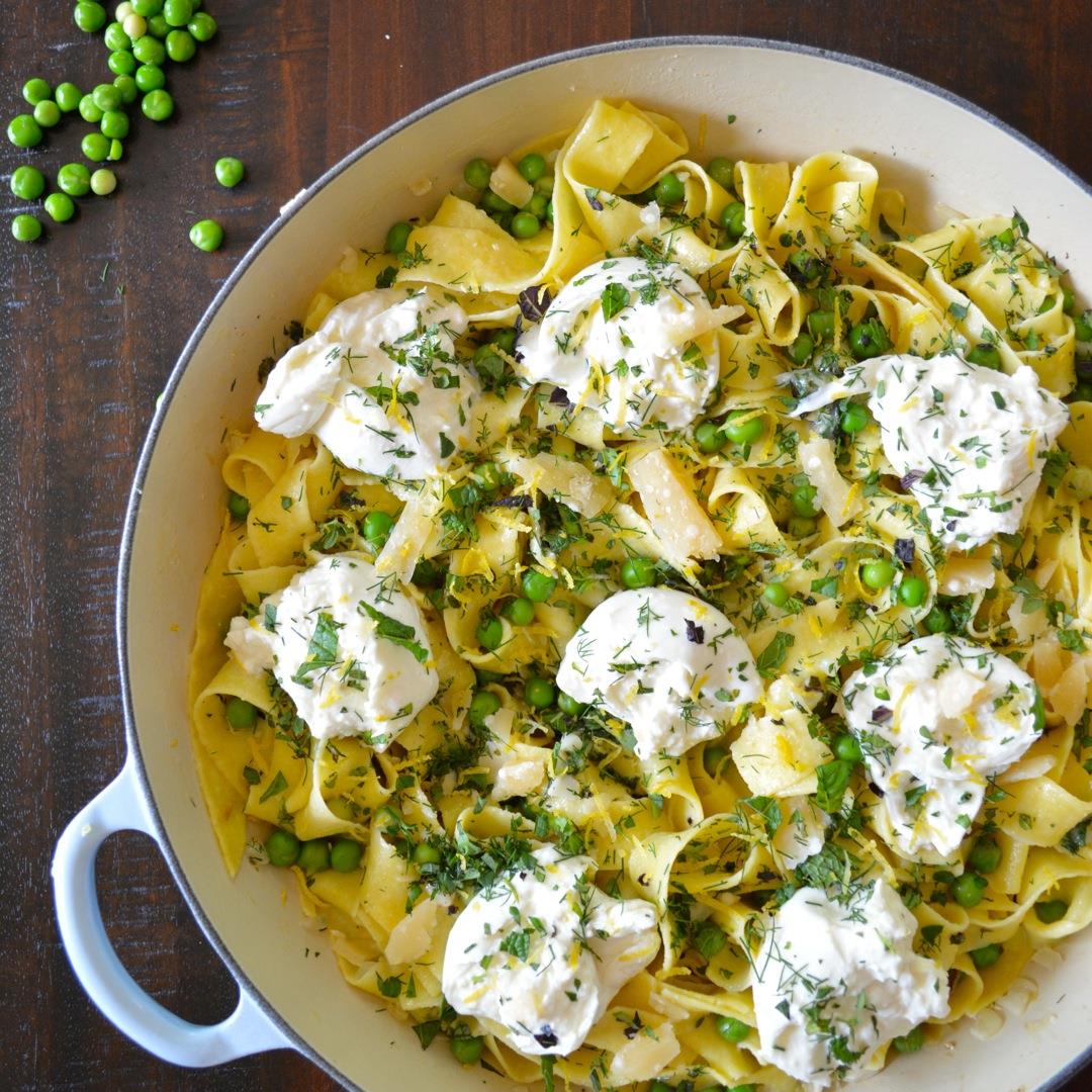 Spring Pea and Garden Herb Fettuccine with Fresh Burrata