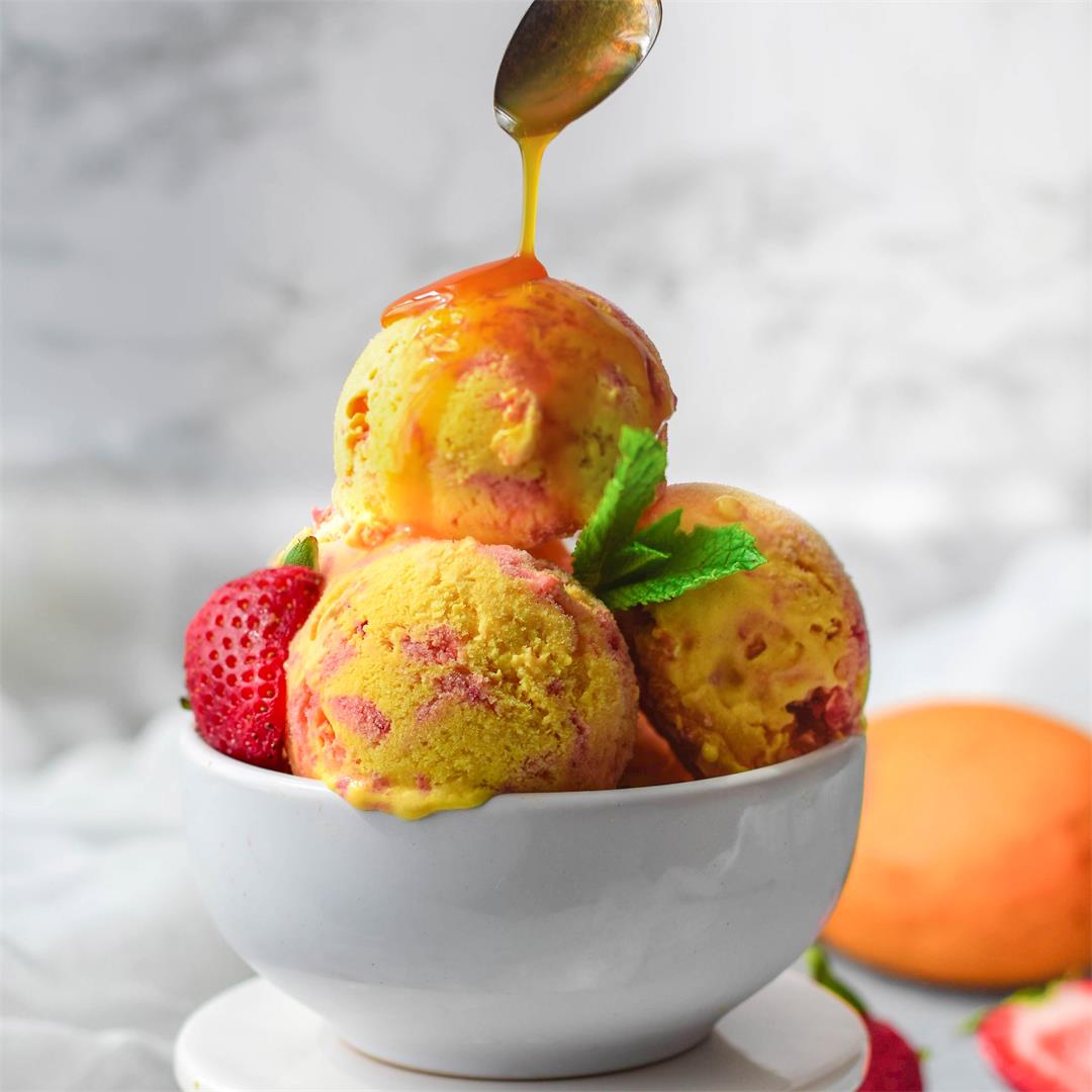 Mango Ice cream with strawberry swirls